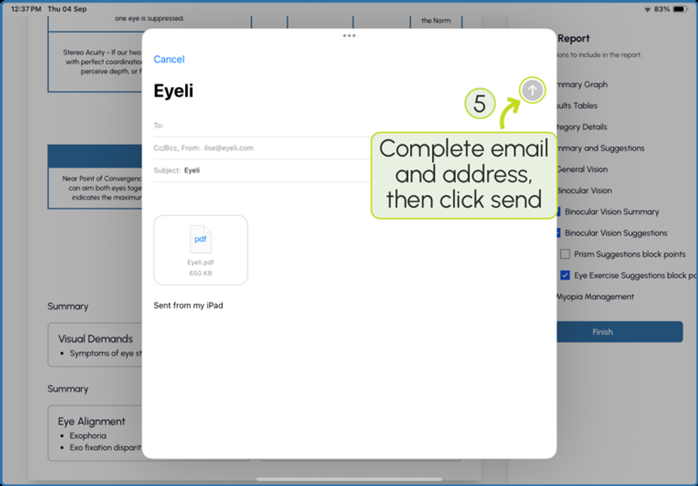 Mail compose screen with the report PDF attached, ready for the recipient address to be completed