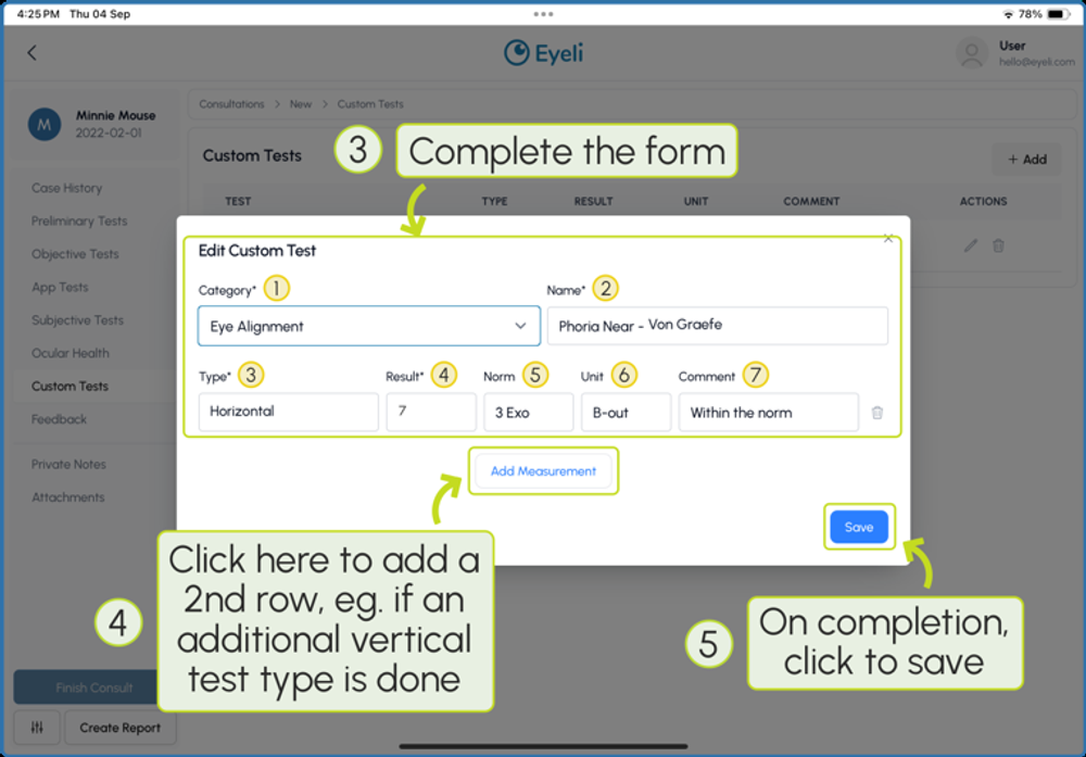 Edit Custom Test form with Category, Name, Type, Result, Norm, Unit and Comment fields