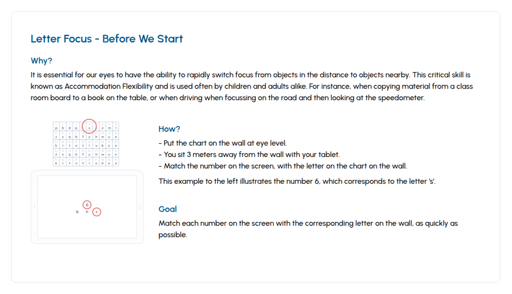 Letter Focus exercise instructions in the Eyeli app