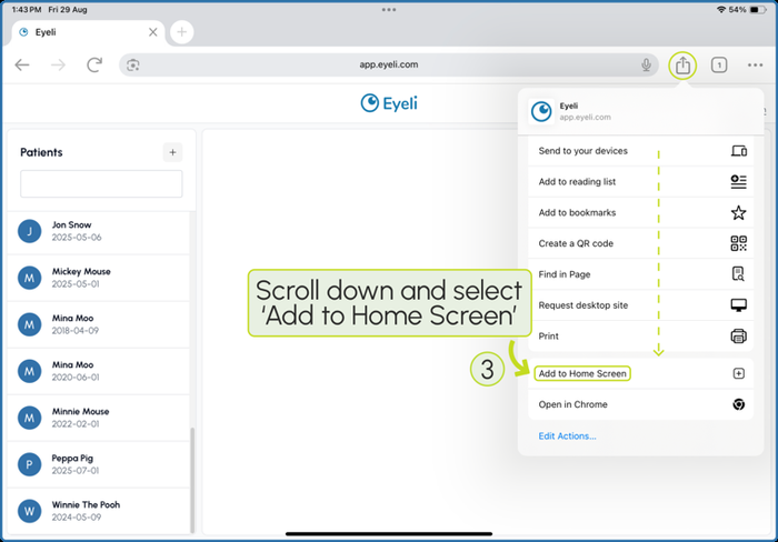 Scroll down in the share sheet and select <strong>Add to Home Screen</strong>.