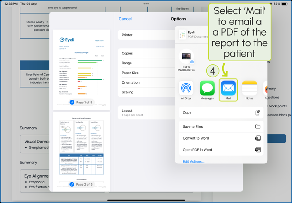 iPad share sheet with 'Mail' highlighted, to email a PDF of the report to the patient