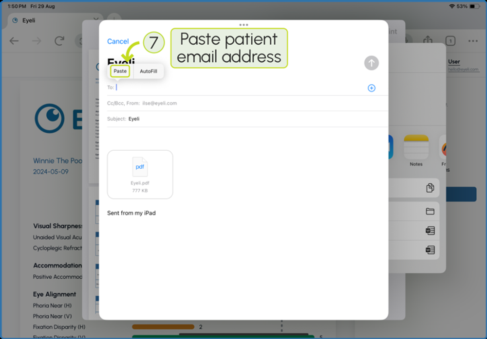 Mail compose screen with the patient's email address being pasted into the To field