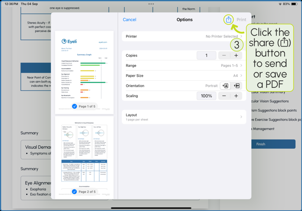 iPad print options with the share button circled, used to send or save a PDF