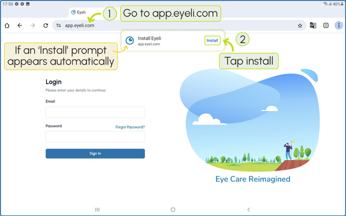 If an <strong>Install</strong> prompt appears in the address bar, tap it.