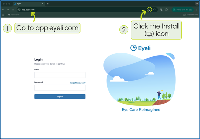 Prefer <strong>Chrome</strong>? Open app.eyeli.com in Chrome, click the install icon in the address bar, then click <strong>Install</strong>.
