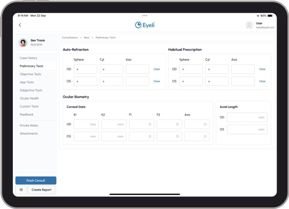 Eyeli screenshot of recording additional information into a patient record