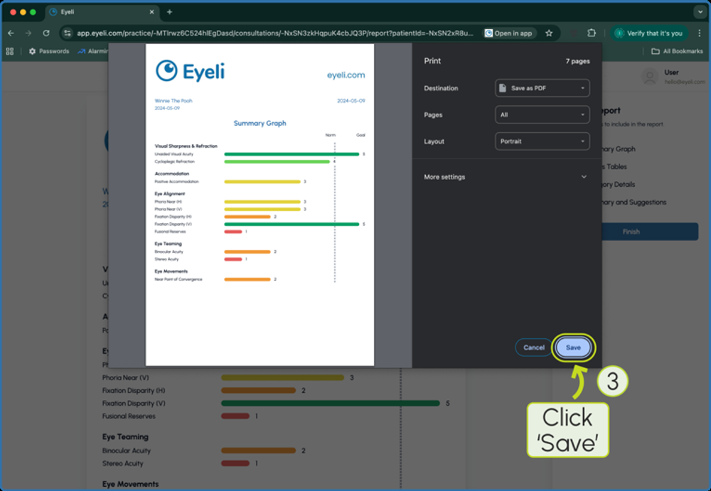 A browser's print dialog with destination set to 'Save as PDF' and a Save button