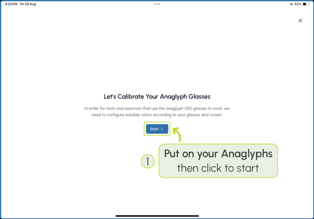 Anaglyph glasses calibration start screen, prompting to put on glasses before clicking Start
