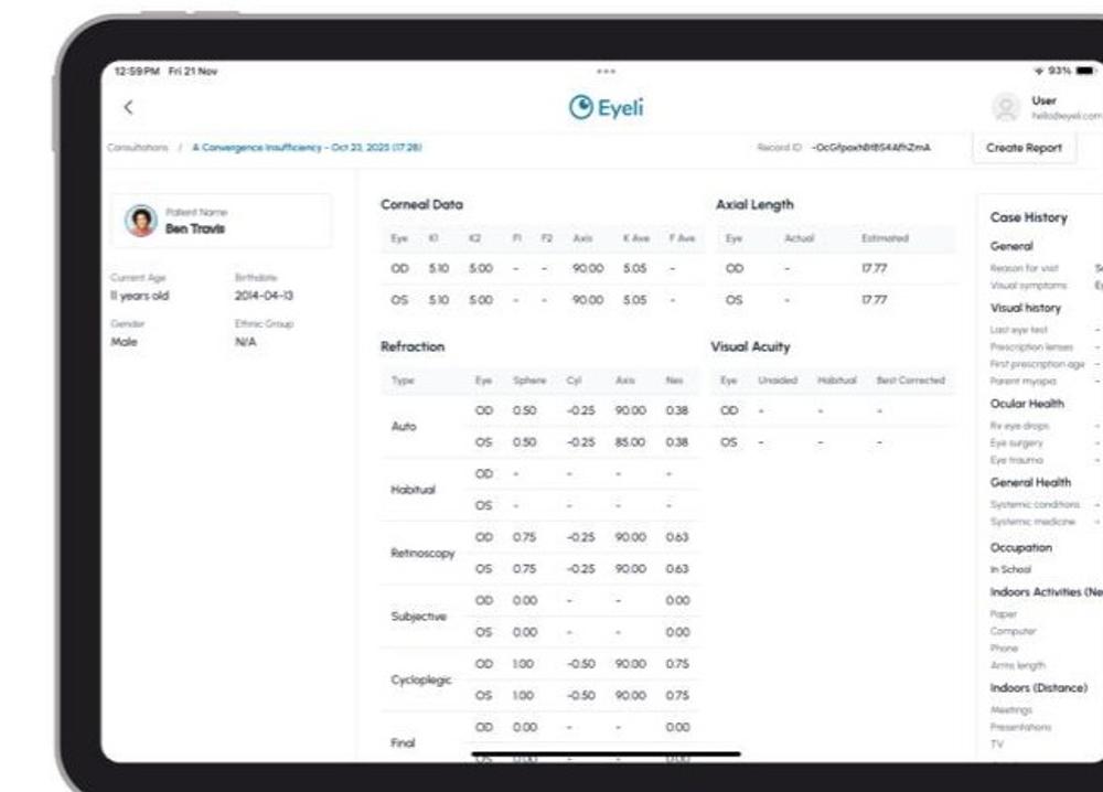 The Eyeli Test Results view, consolidating results from a consultation
