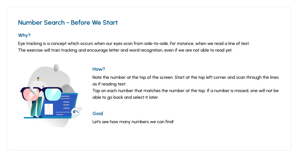Number Search exercise instructions in the Eyeli app