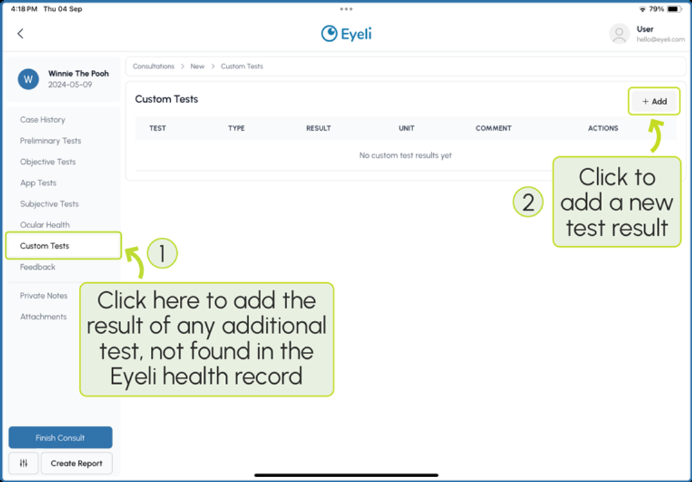 The Custom Tests section of a consultation, with an Add button to create a new test result