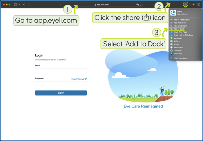 Click the <strong>Share</strong> icon in the toolbar and select <strong>Add to Dock</strong>.
