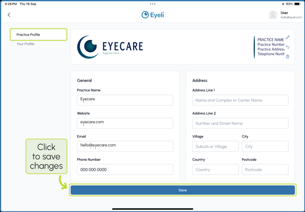 Practice profile form with general details and address fields, with a Save button at the bottom
