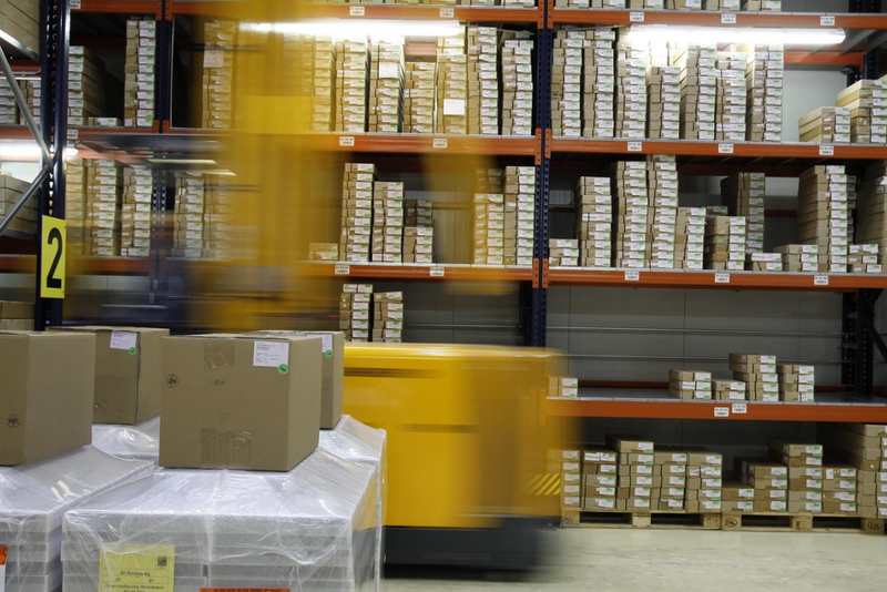 Cold storage with products laying on shelves