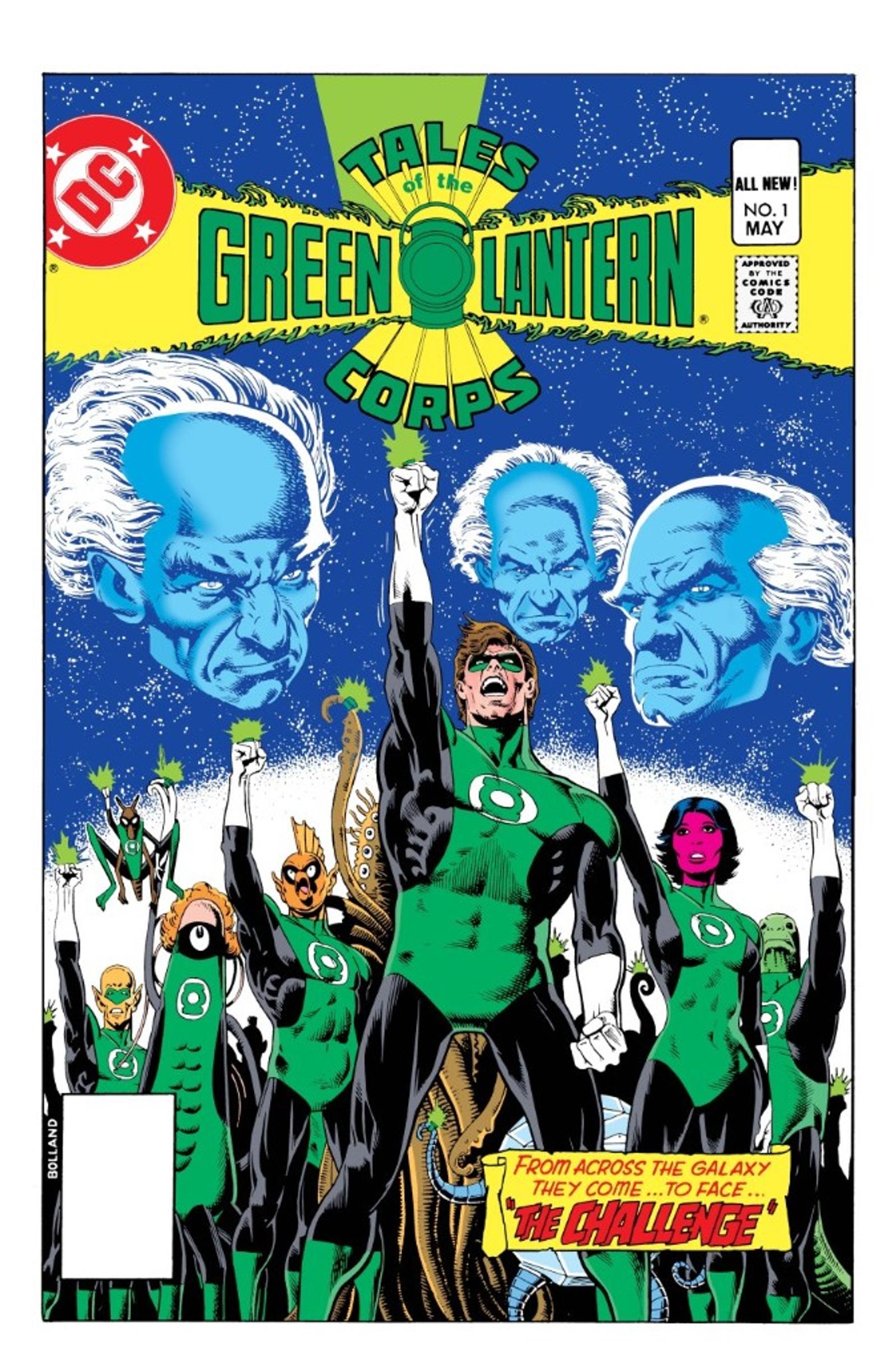 Brian Bolland’s cover for Tales of the Green Lantern Corps #1: Hal Jordan and a crowd of Green Lanterns raise their fists under three blue Guardian faces. A banner reads “The Challenge,” and the cover is dated May.