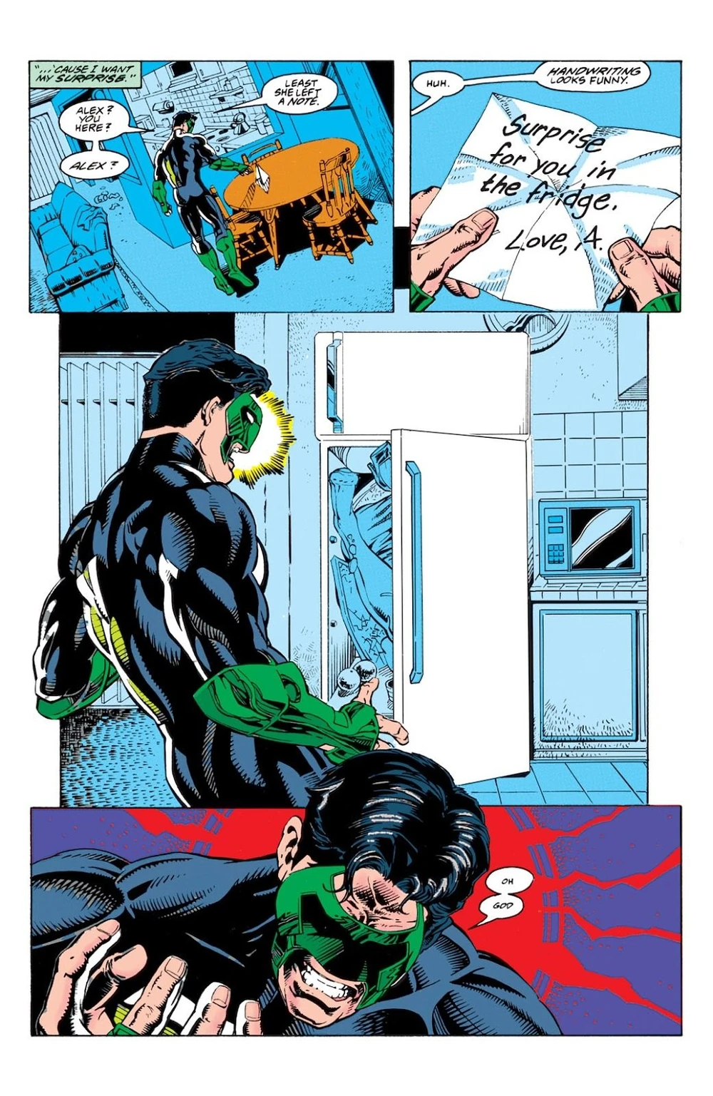 A page from Green Lantern #54. Kyle Rayner finds a note reading "Surprise for you in the fridge. Love, A.", opens the refrigerator, and reacts in horror.