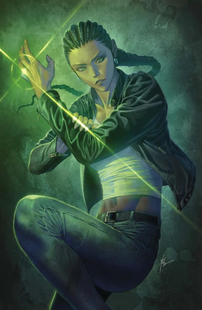 Cover of Absolute Green Lantern #22: Jo Mullein crouches in a black jacket and jeans, braids pulled back, with a beam of green light passing between her hands.