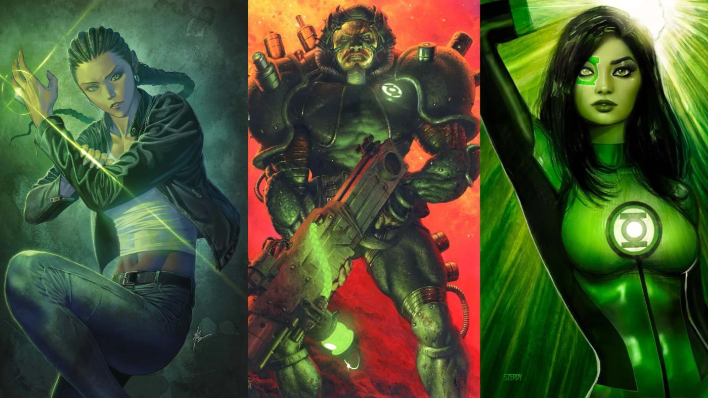 Covers of Absolute Green Lantern, Green Lantern Corps, and Doomed Cosmos