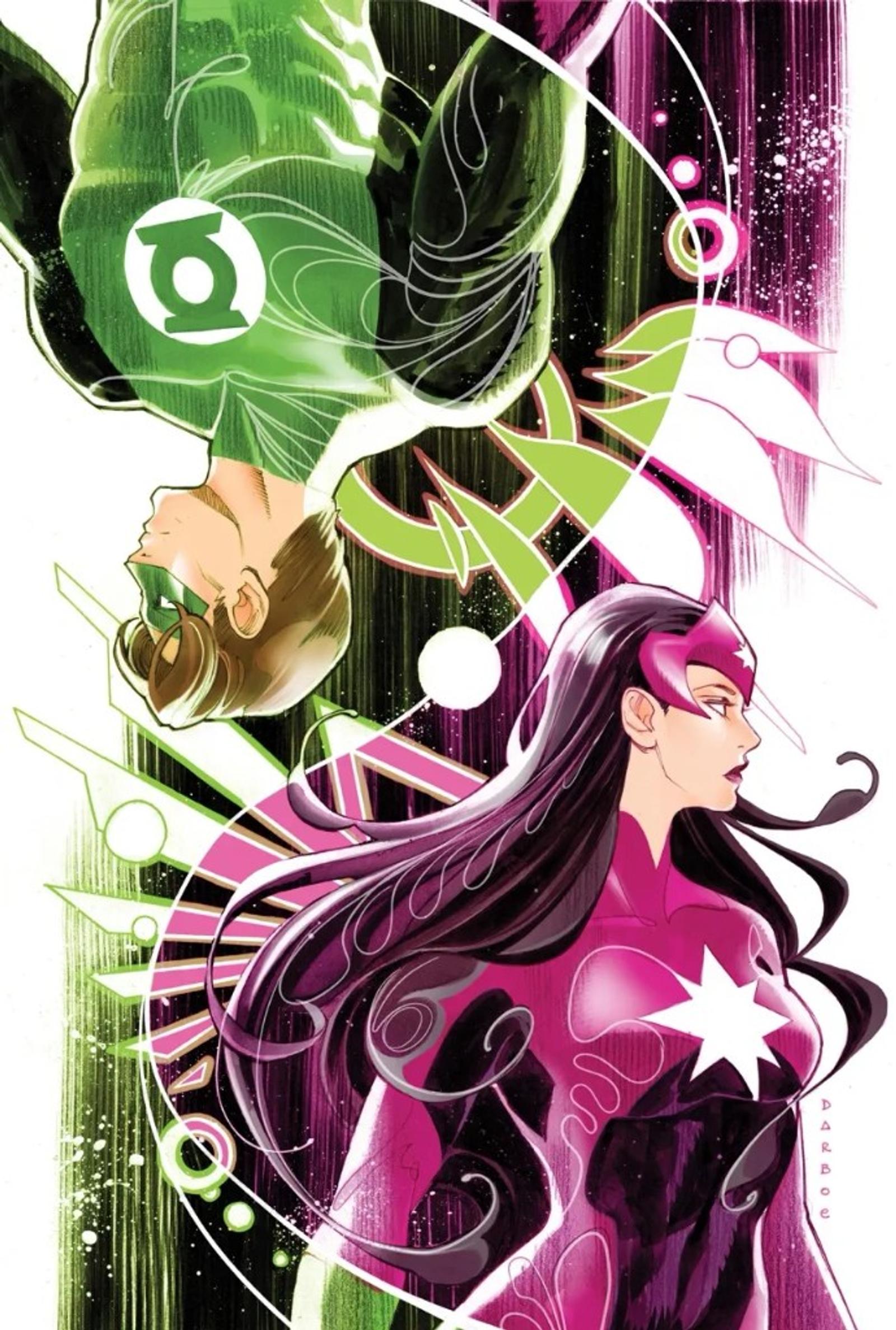 Variant cover of Green Lantern #43 by Karen S. Darboe: Hal Jordan hangs upside down inside a green lantern symbol, while Carol Ferris stands in profile in a magenta Star Sapphire uniform with a white star on the chest.