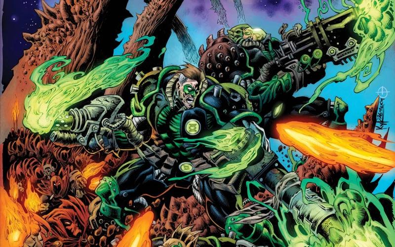 Kyle Hotz's main cover for Green Lantern: Doomed Cosmos #1, showing an armored Hal Jordan firing green energy cannons amid flames and cloaked enemies.
