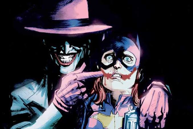 The Joker in a purple hat grins behind Batgirl, one finger pressed to her cheek. She is crying, and a Joker smile is smeared across her face in red.