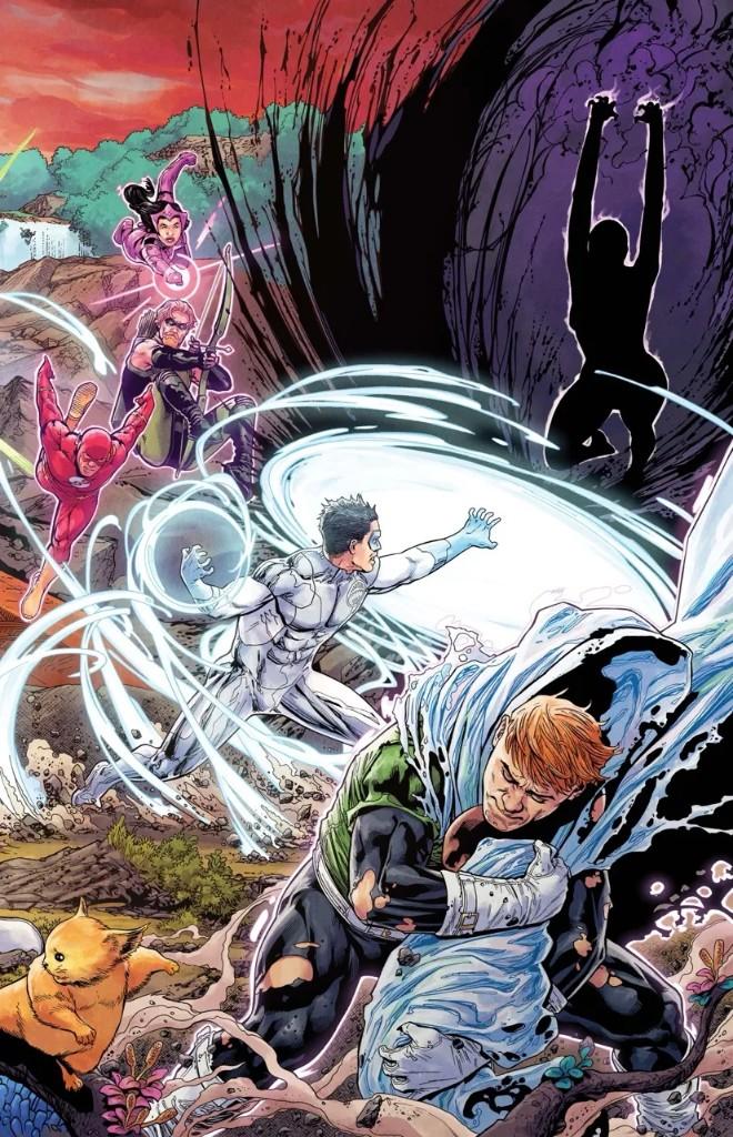 Cover of Green Lantern #43: Hal Jordan, wrapped in a torn blue-white sheet full of faces, grapples with a figure in white armor. The Flash, Green Arrow, and a woman in violet are behind him, an orange cat sits at the lower left, and a black silhouette hangs inside a dark rift.