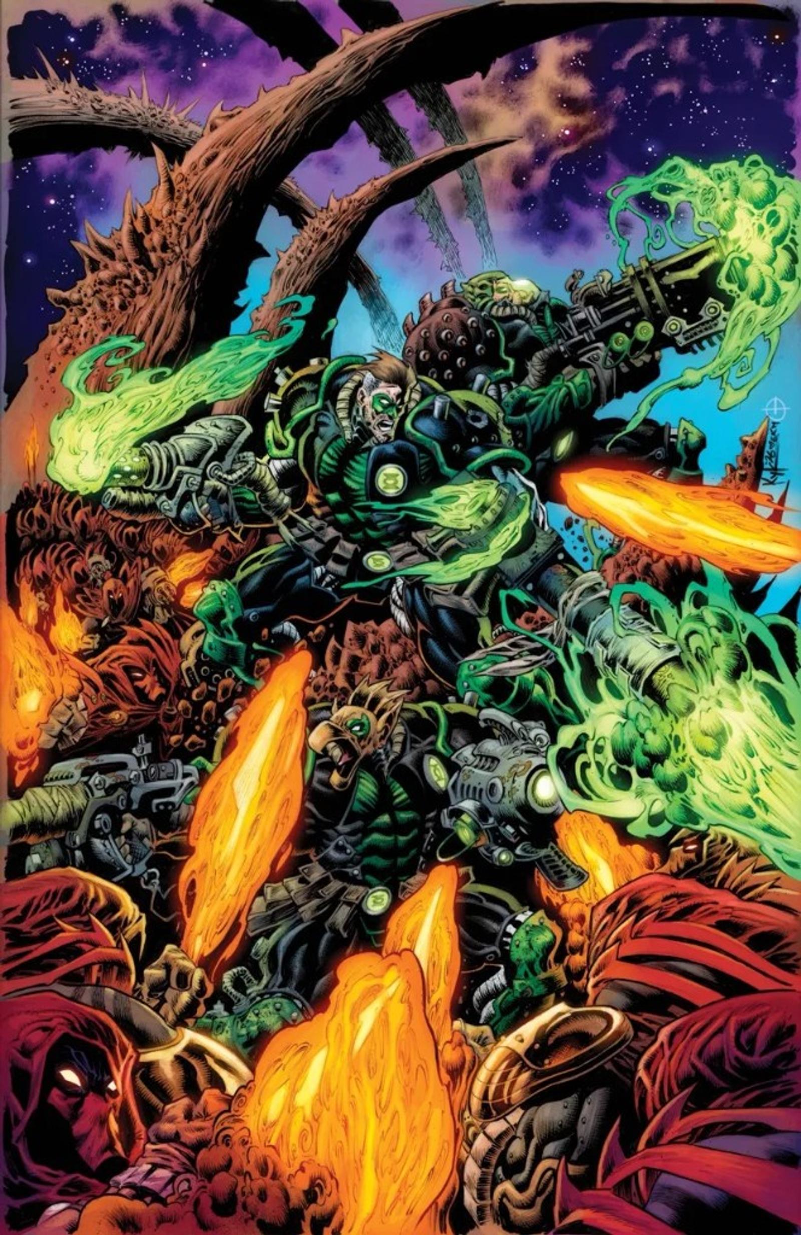 Cover of Green Lantern: Doomed Cosmos #1: armored Green Lanterns fight through fire under a purple sky. A brown-haired Lantern in heavy black armor fires a large green energy gun, with alien Lanterns and a hooded red-eyed figure in the foreground.