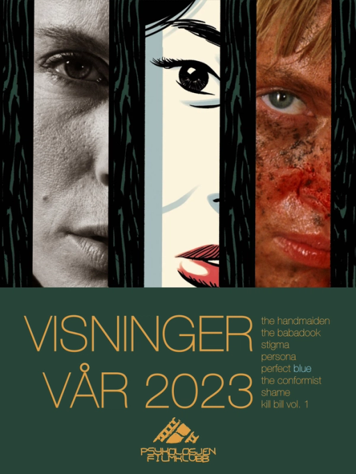 Semesterplakat for Psykolosjen Filmklubbs visninger våren 2023.