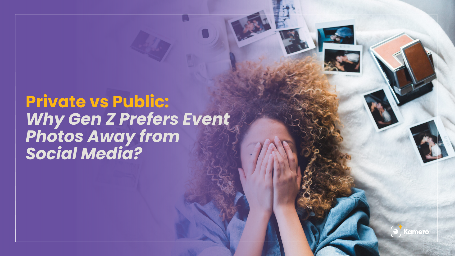 Frustrated Gen Z girl surrounded by printed event photos, reflecting shift away from public social media sharing
