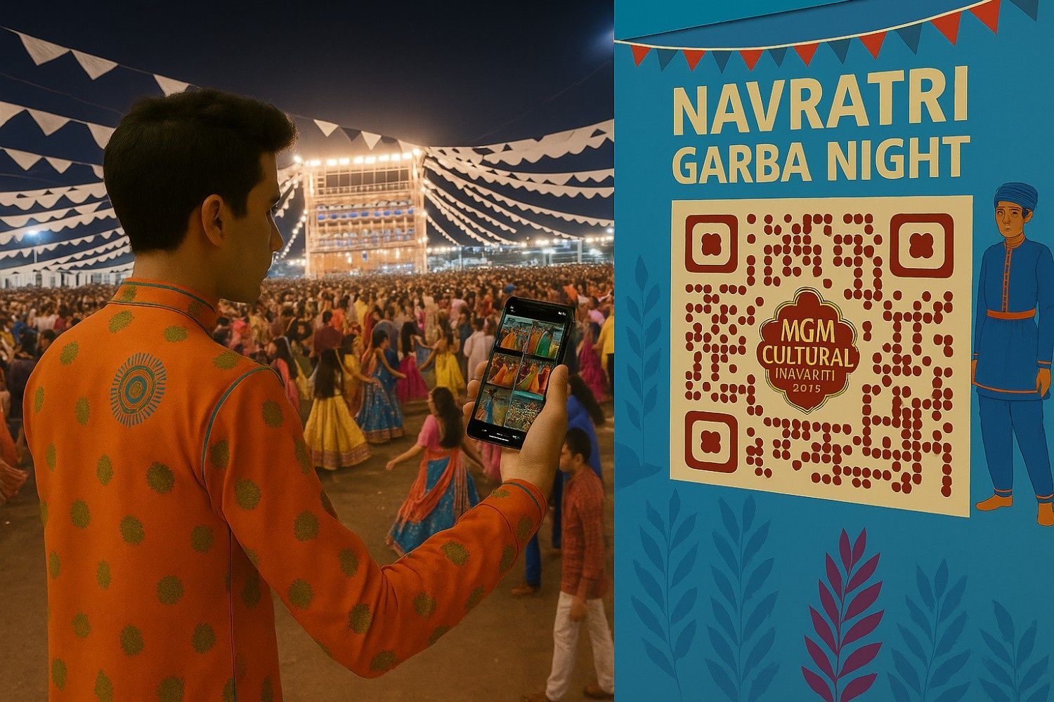 A man at a crowded Navratri Garba night in Ahmedabad scans a QR code on a poster to view his personal event photos on the Kamero app, showcasing private and instant photo sharing.