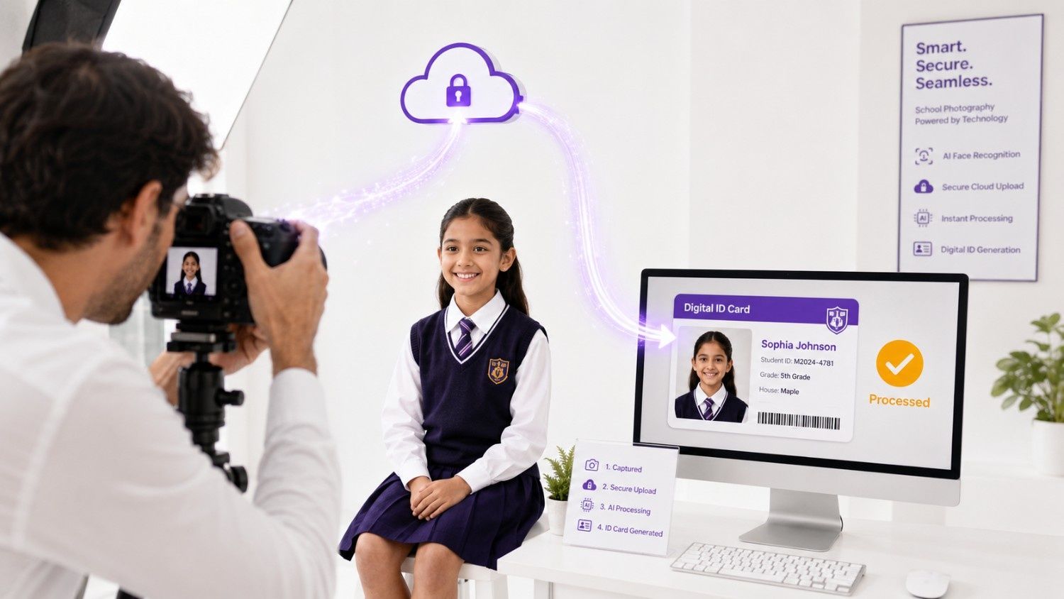 Automated AI school photography workflow demonstrating a student portrait being captured and instantly routed through a secure cloud platform to generate a digital school ID card on a computer screen.