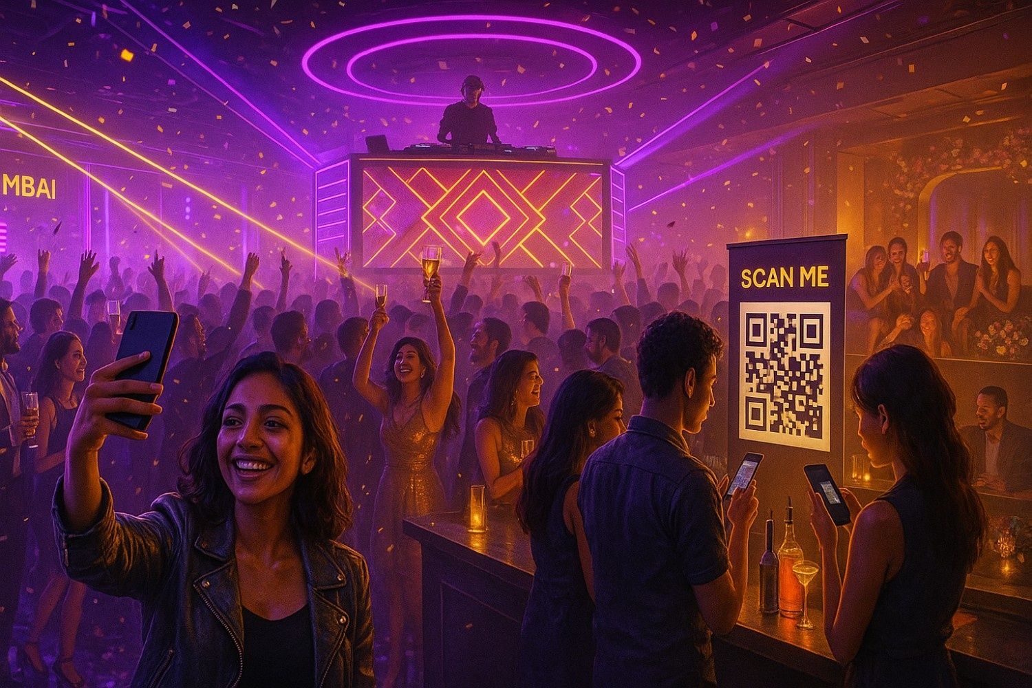 Nightclub crowd enjoying a DJ performance with neon lights while guests scan a QR code to view and buy event photos.
