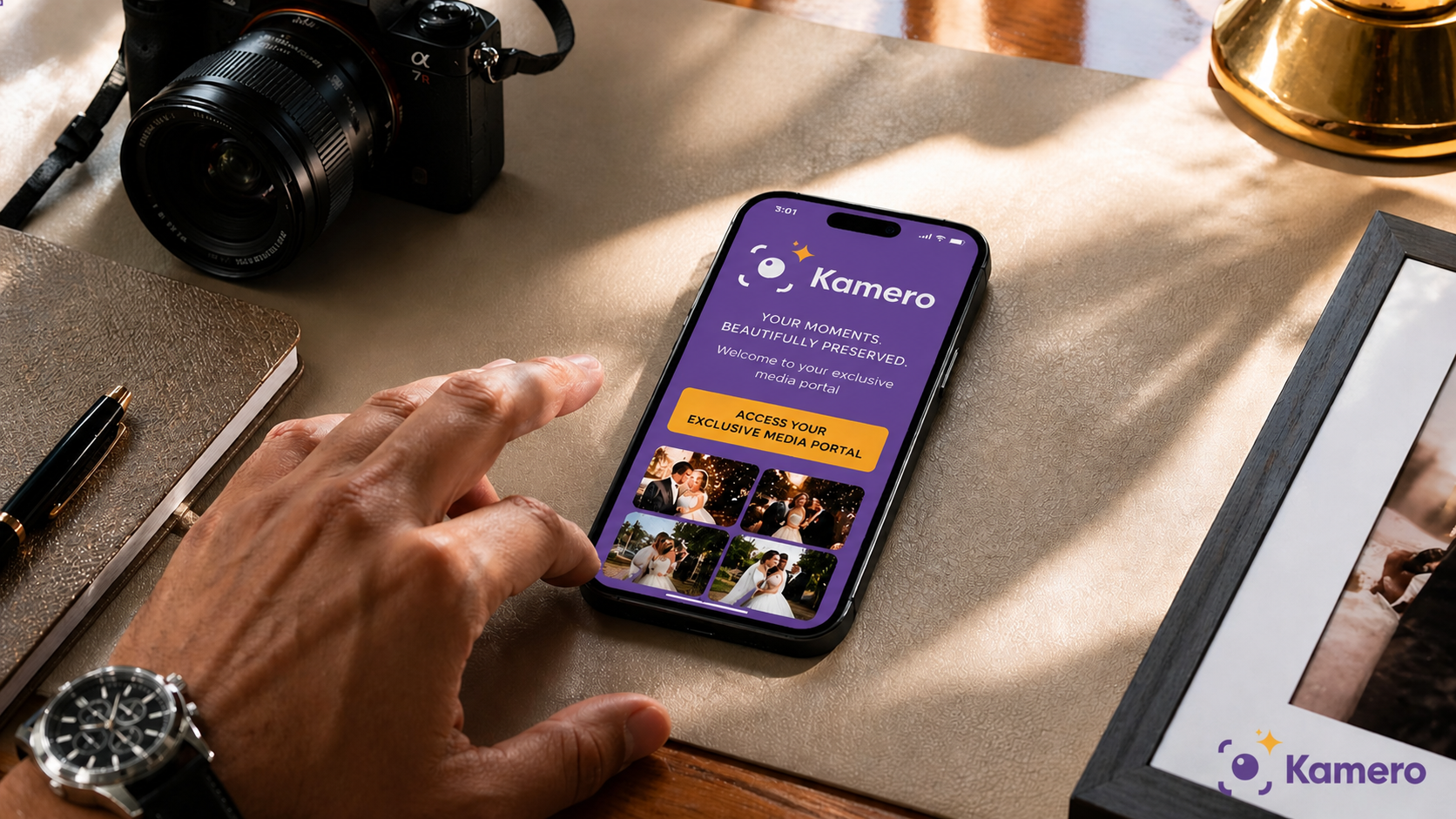 Luxury wedding photographer delivering instant photos on smartphone using a white-label photo gallery by Kamero, showcasing photographer branding tools, custom domain photography website experience, and helping protect photography brand during live events