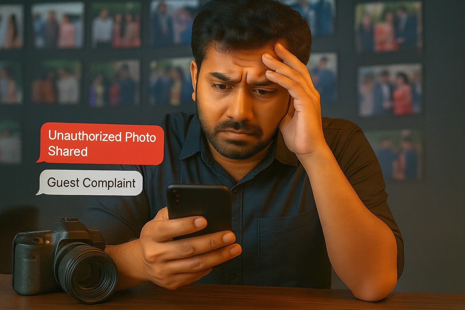 Photographer worried after receiving alert about unauthorized photo sharing and guest complaint — highlighting the importance of privacy-first photo sharing in 2025.