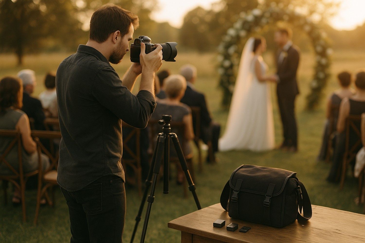 Professional wedding photographer capturing bride and groom with camera gear during outdoor ceremony