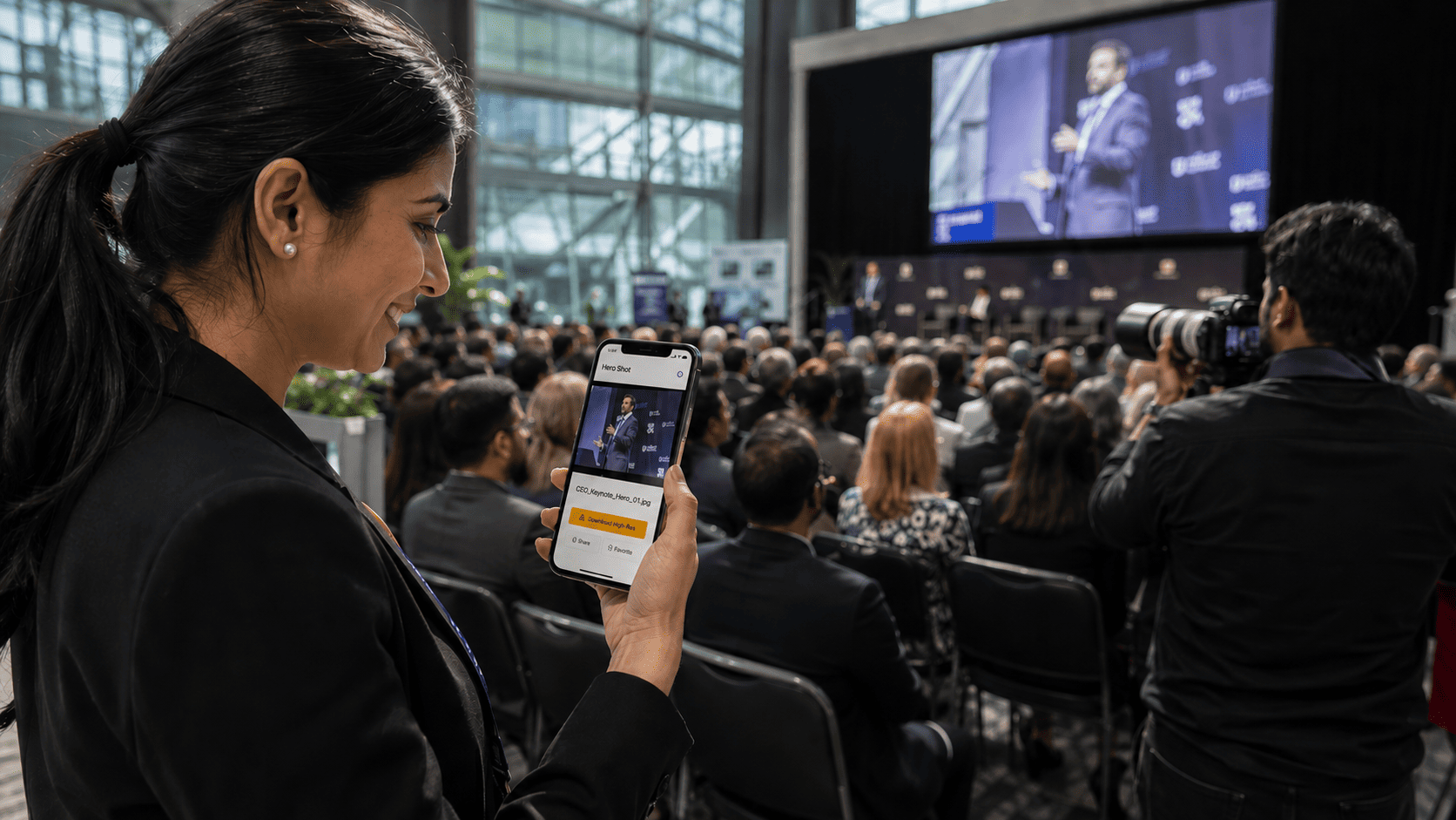 PR manager views a live keynote photo on her phone, showcasing real-time camera-to-cloud corporate event photography