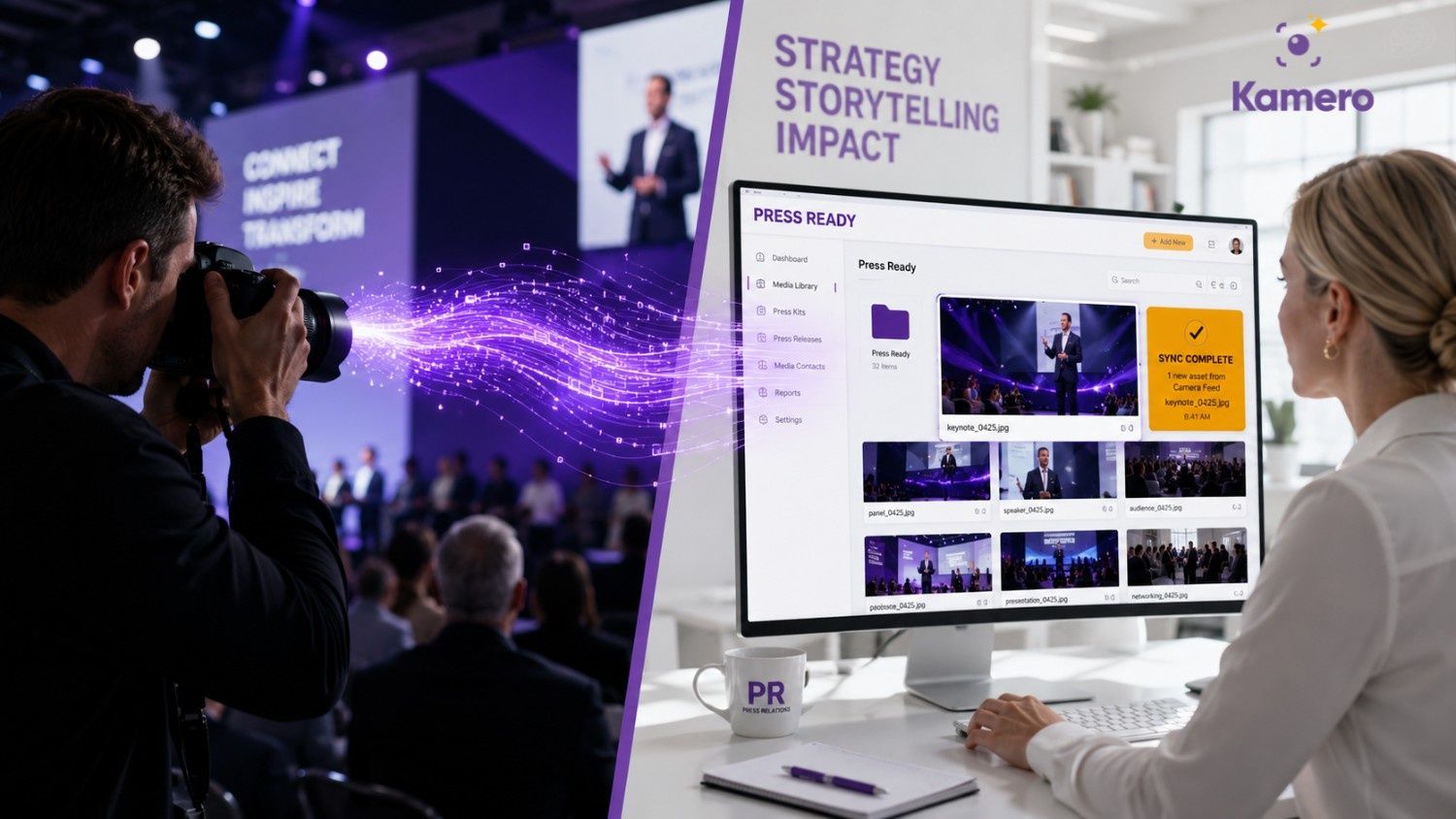 Real-time corporate event PR workflow using Kamero Kam-Sync to deliver professional photos from the photographer's camera to a global PR desk instantly.