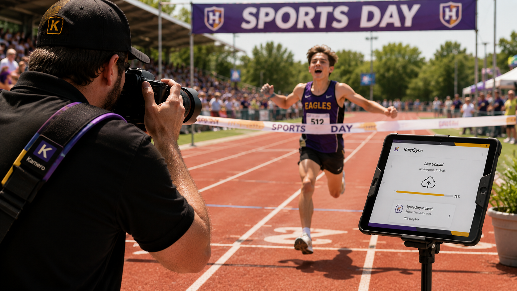 Photographer capturing a school sports day event with a mirrorless camera using real-time camera-to-cloud photo uploads.