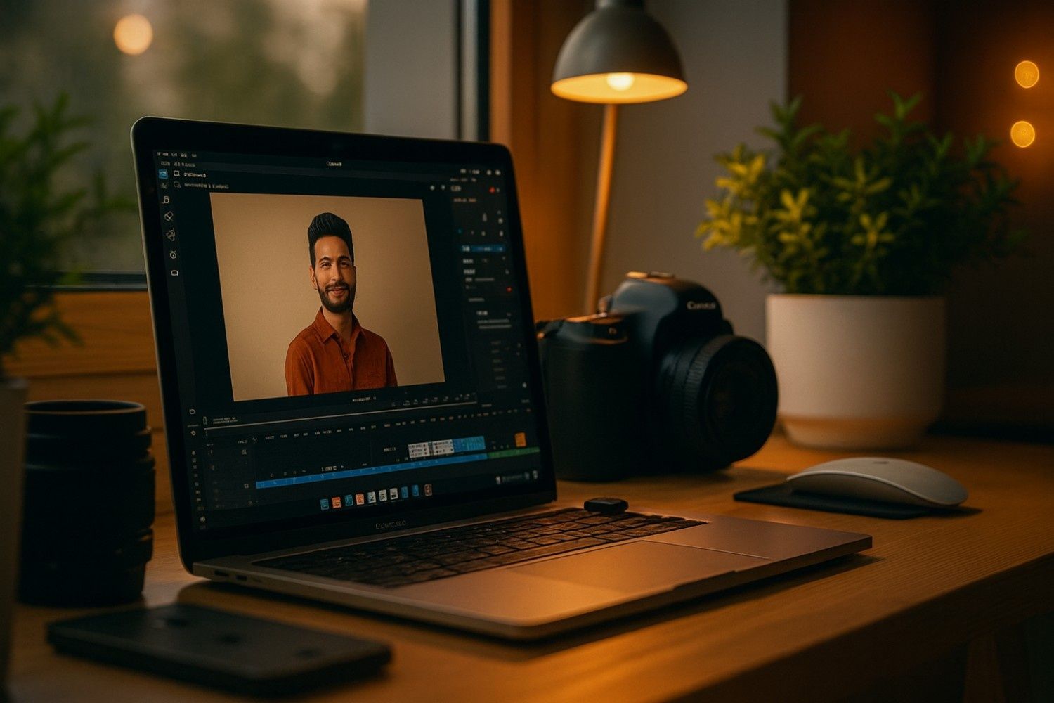 Professional photographer using AI photo editing and culling tools on a laptop, with camera and lenses on a modern workspace desk.