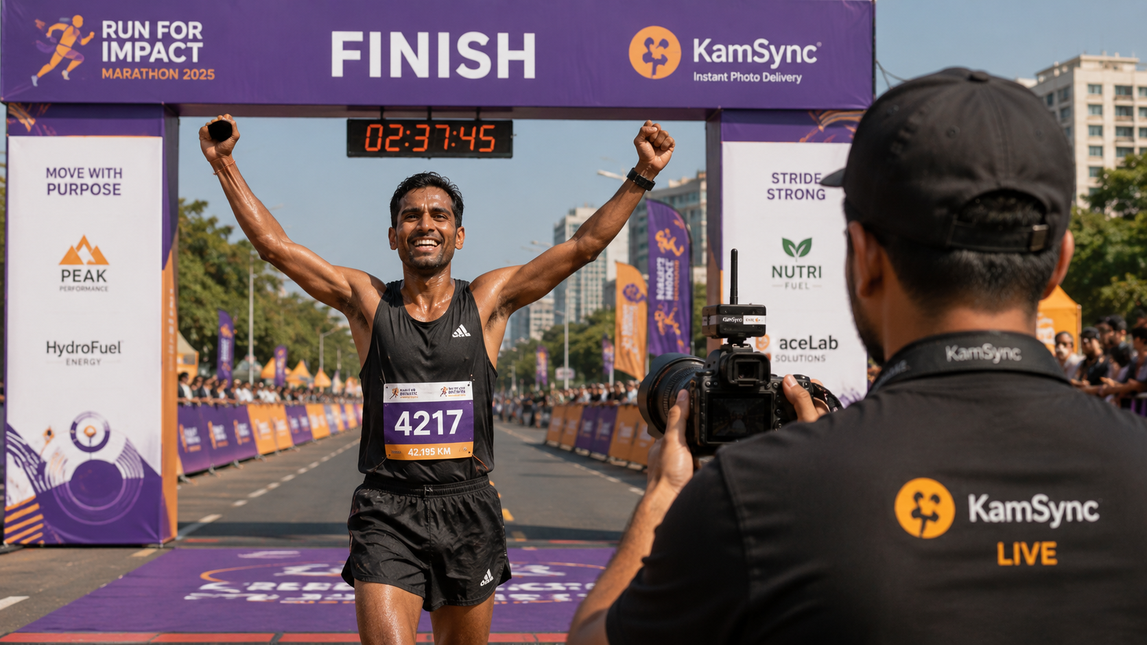 Happy marathon finisher viewing instant finish-line photos on a smartphone, with a personalized race photo gallery displayed on the screen.