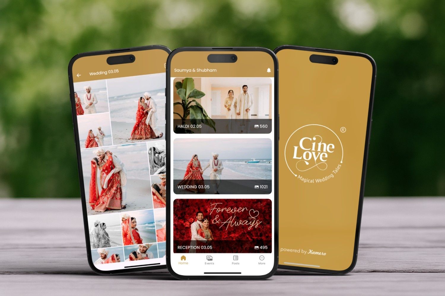 White-label photo app displaying a personalized branded gallery with elegant wedding photos and custom logo interface.