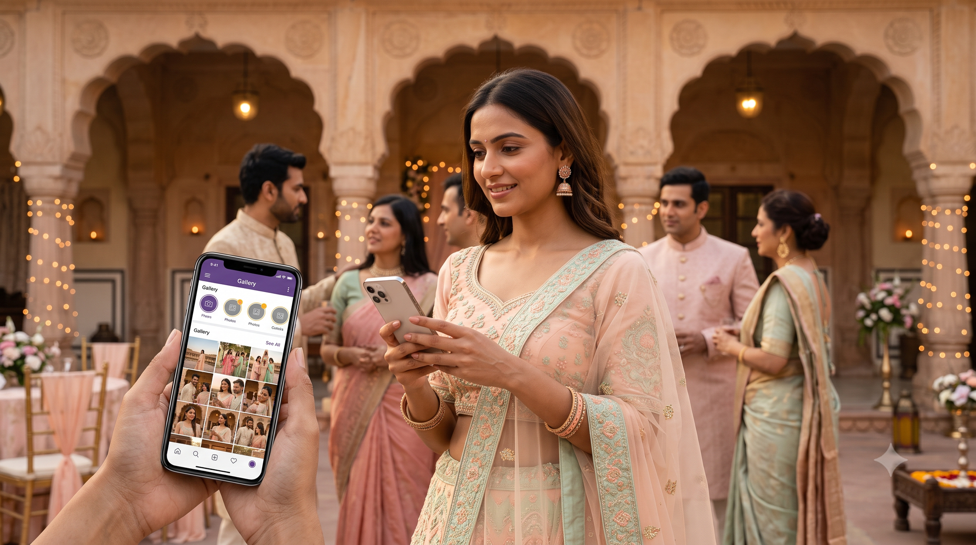 Guests scanning a QR code to access wedding photos at a heritage destination venue using Kamero’s photo-sharing platform.