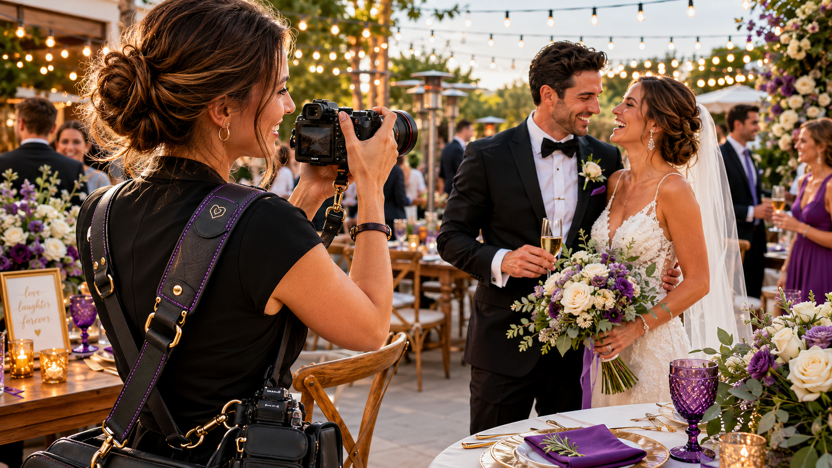 Professional wedding photographer capturing a joyful bride and groom moment at an outdoor wedding reception with camera, floral decorations, and warm string lights in the background.