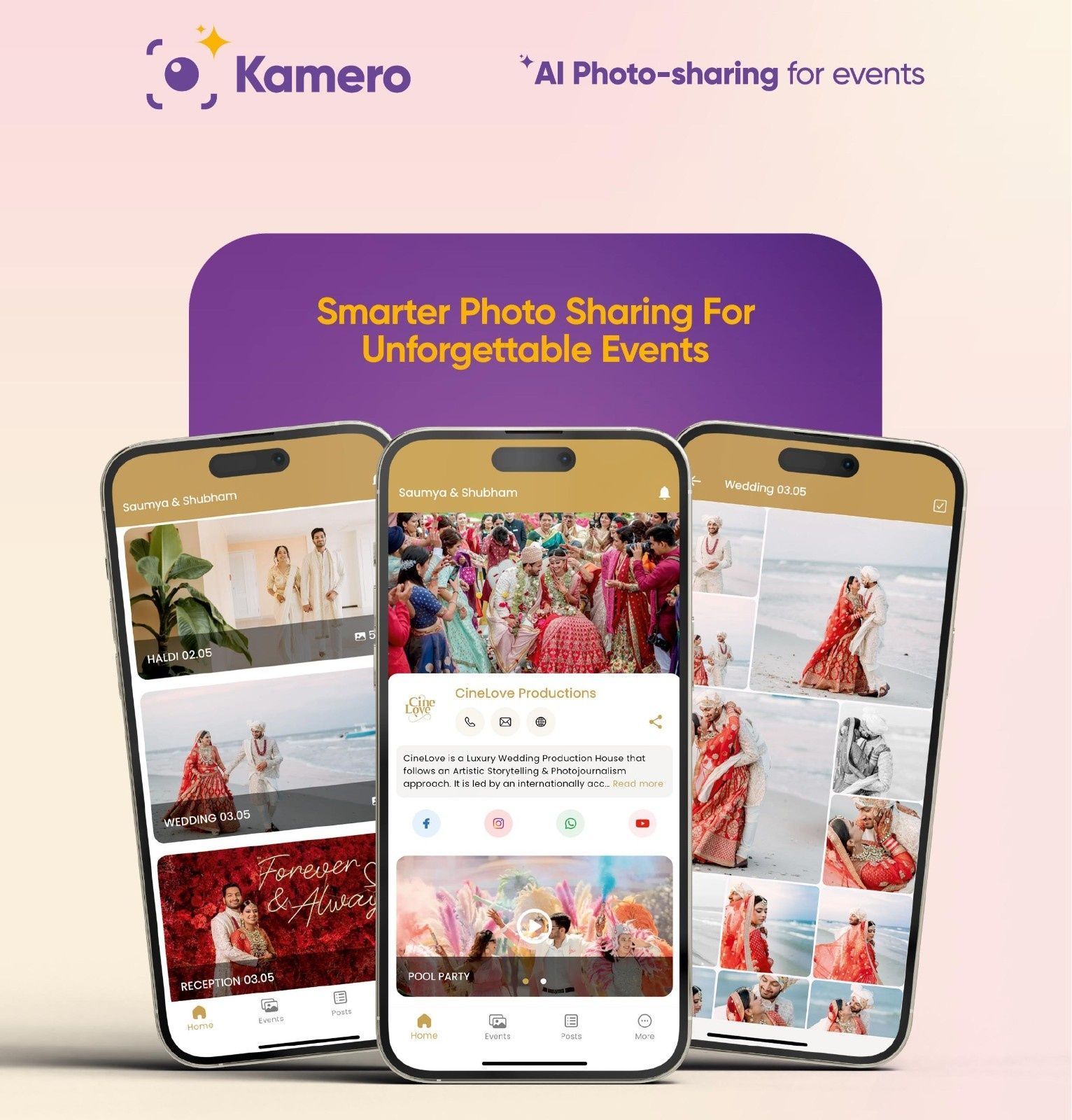 Kamero app interface showing AI-powered event photo sharing, personalized wedding galleries, and smart mobile photo delivery for unforgettable events.