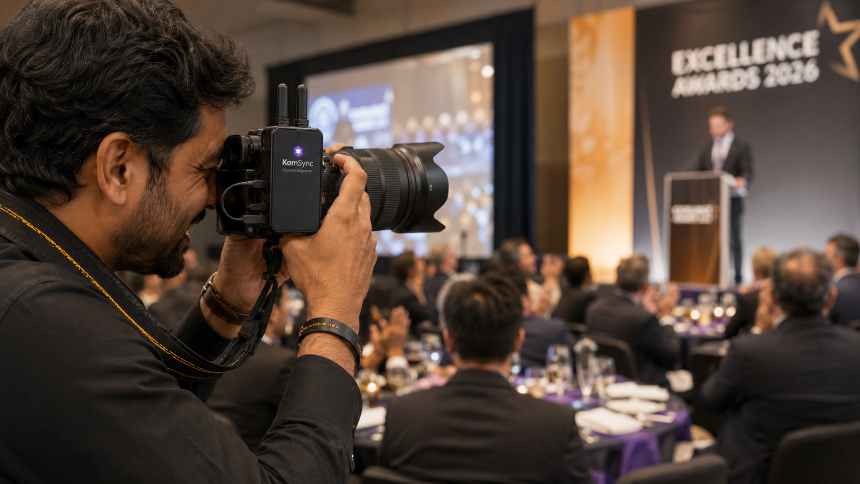 Professional attendee using AI photo matching to instantly find their event photos on a smartphone at a busy trade show.