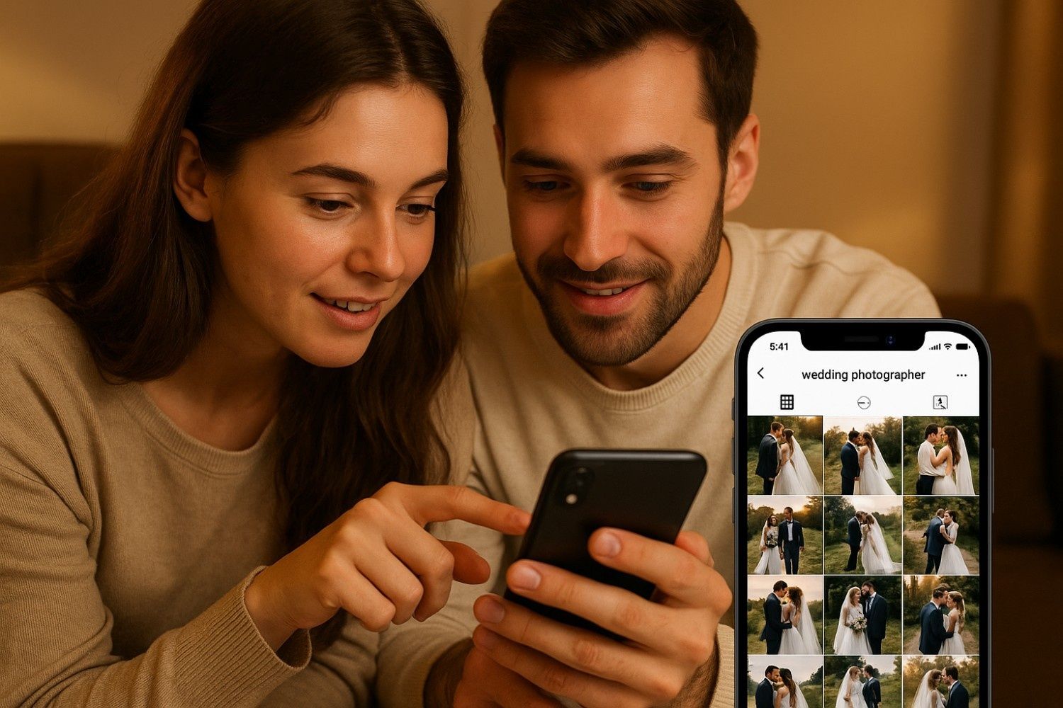 Engaged couple browsing wedding photographer portfolio on smartphone, reviewing romantic wedding photos to choose the right photographer for their big day.