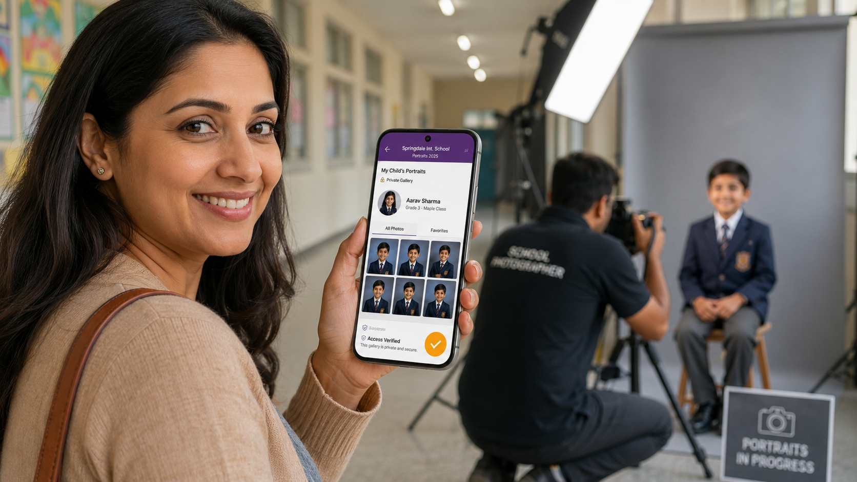 Professional school photographer using a mirrorless camera with Kam-Sync encrypted cloud sync to securely capture and upload student portraits in real time.