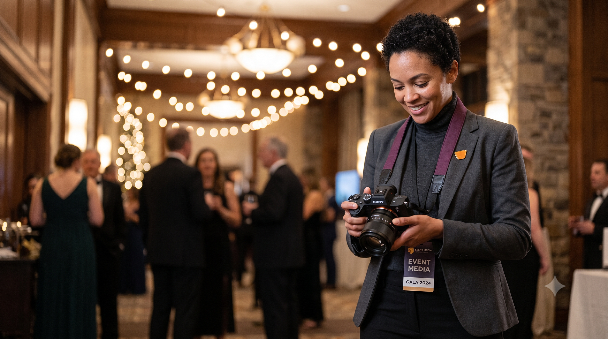 Photographer using low-light camera settings to capture clean event photos and upload high-resolution images to a mobile gallery in real time.