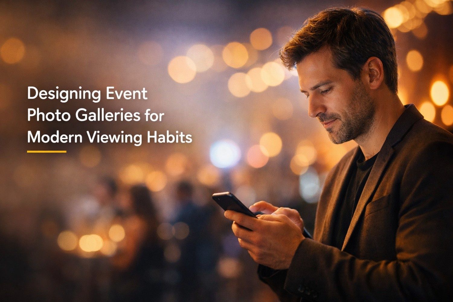 A guest viewing event photos on a smartphone during a live event, surrounded by warm lights and crowd ambiance. The image reflects modern, mobile-first event photo gallery design where guests swipe, view, and share photos instantly. It represents how today’s audiences consume event photos quickly, personally, and on their phones.
