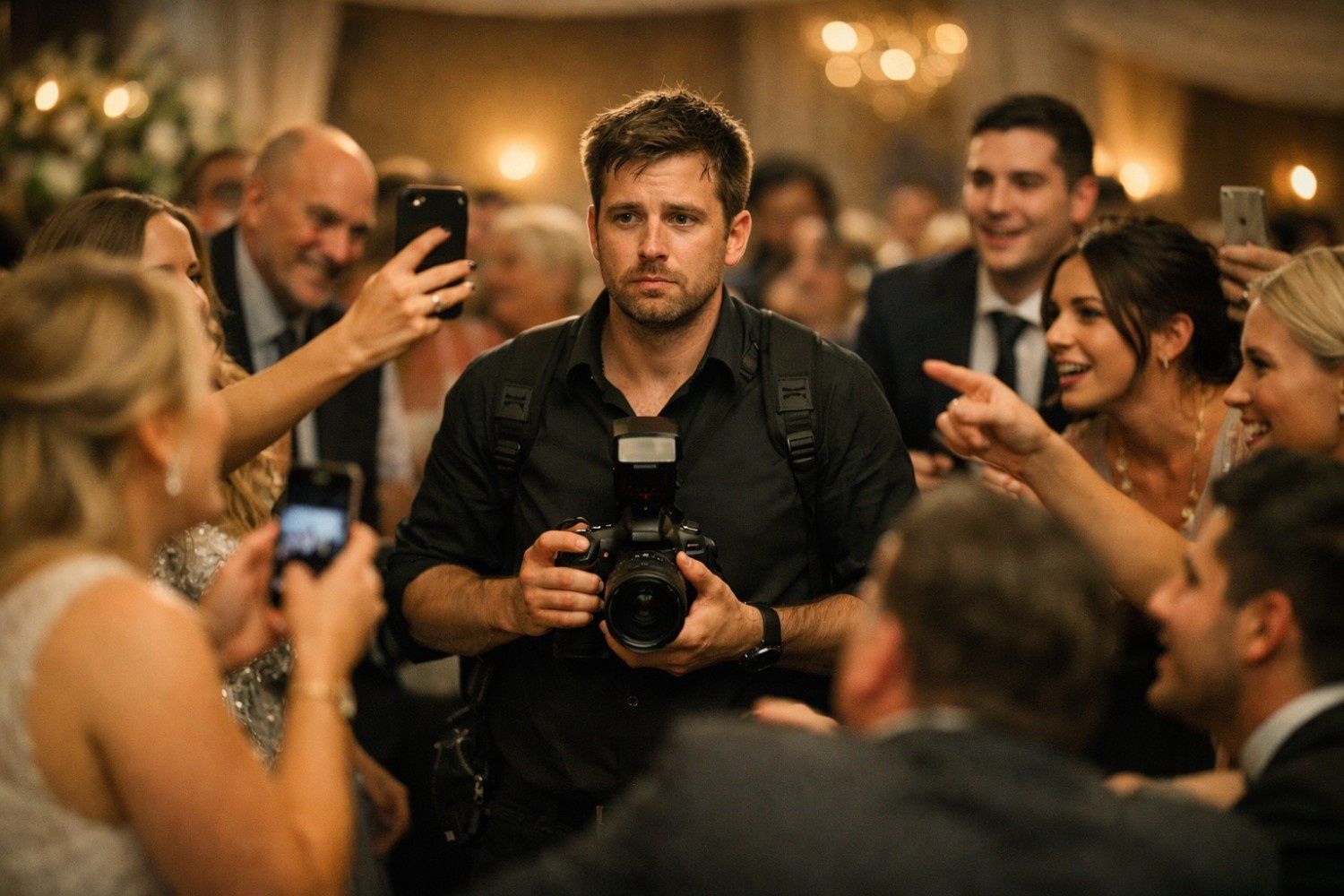 Event photographer surrounded by wedding guests taking photos, showing the pressure of modern event photography with multiple client expectations.